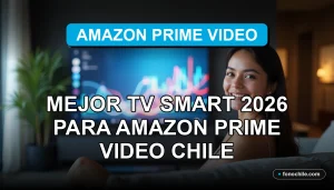 Una mujer latina sonríe mientras mira una televisión inteligente en su sala de estar moderna.