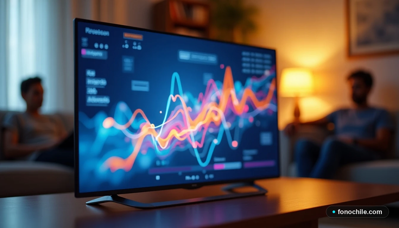 Televisor inteligente de alta gama mostrando gráficos de colores sobre rendimiento de streaming en un living moderno.