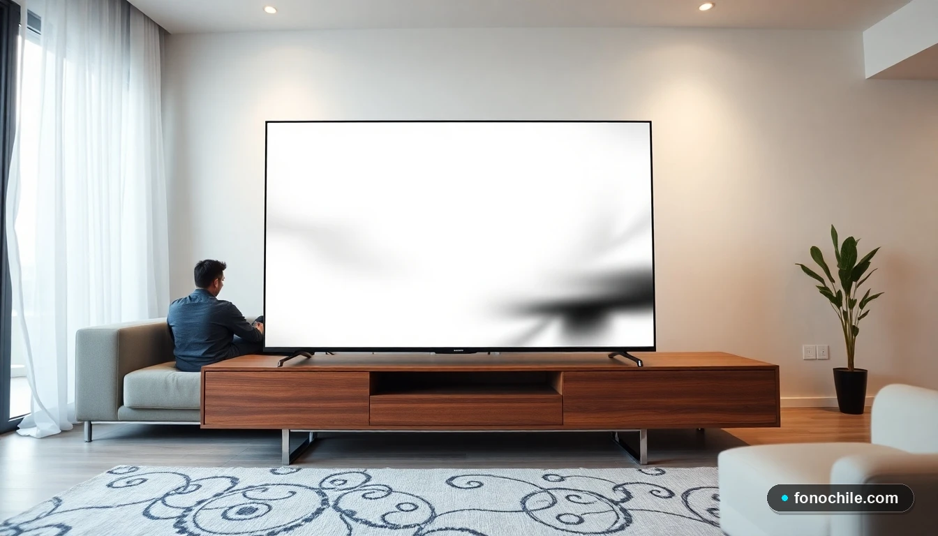 Hombre hispano disfrutando de contenido en una moderna Smart TV de gran tamaño en su sala de estar en Chile.