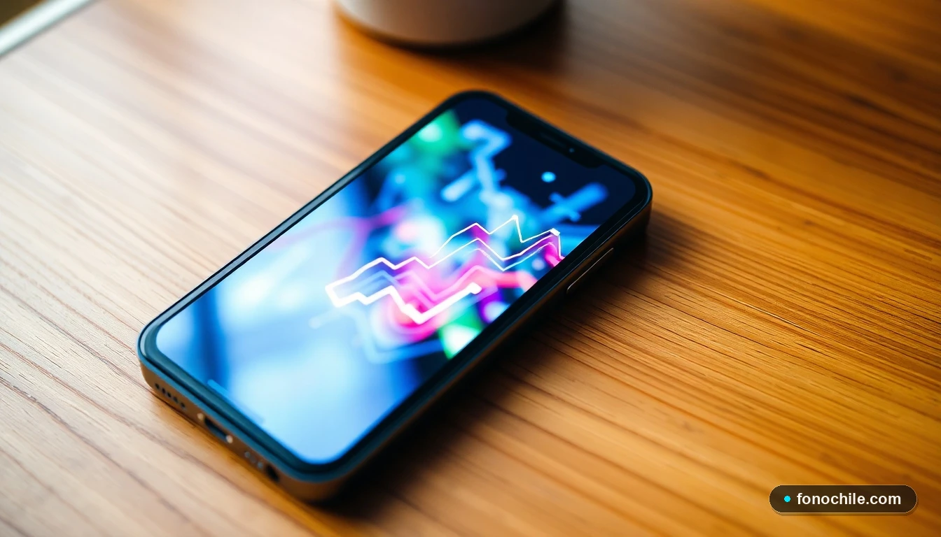 Smartphone mostrando un mapa de cobertura de red abstracto y colorido para mejorar la señal móvil.