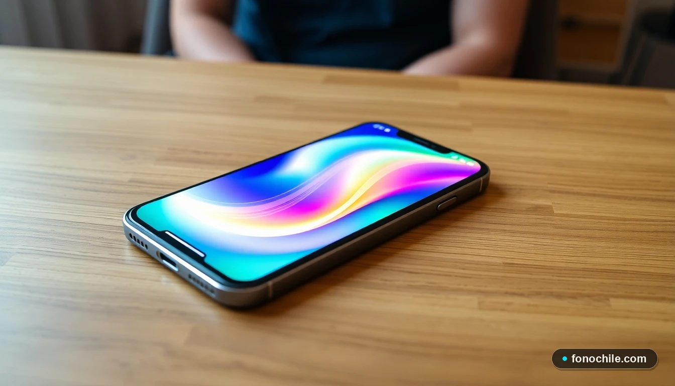 Smartphone mostrando un gráfico abstracto de intensidad de señal de red móvil en colores vibrantes sobre una mesa de madera.