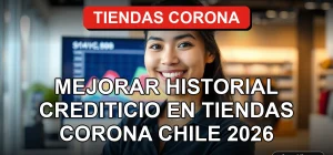 Una mujer latina sonriente en una tienda de retail, con gráficos abstractos de crédito en una pantalla de fondo.