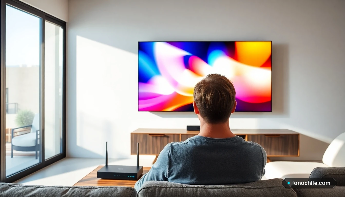 Persona disfrutando de una transmisión nítida de TV por internet en su hogar en Chile, con equipo de red visible.