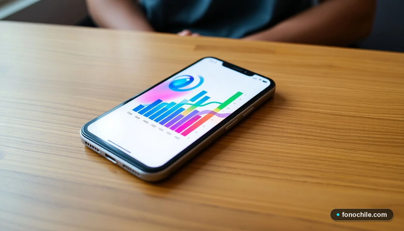 Smartphone mostrando un gráfico colorido y abstracto de la intensidad de la señal de red celular en una mesa.