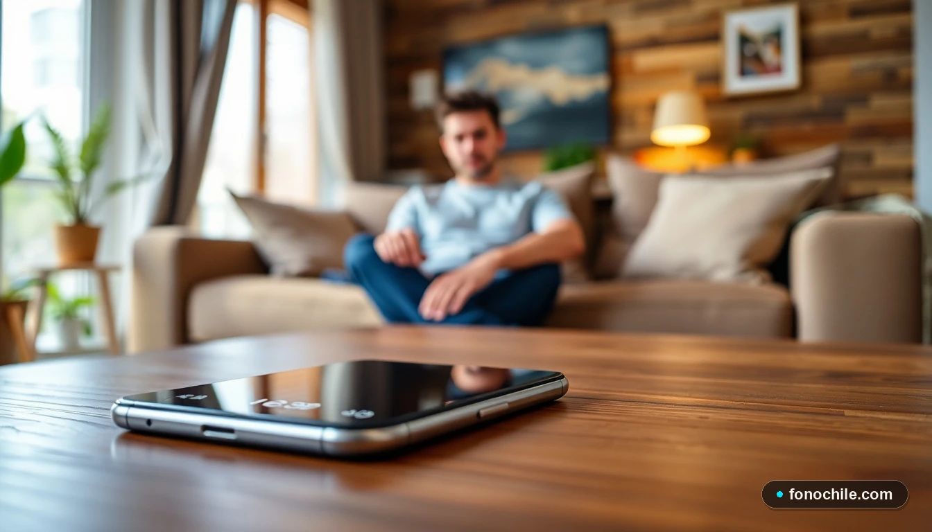 Smartphone mostrando gráficos abstractos de velocidad de red en un entorno hogareño en Chile, para ilustrar la optimización de conexión móvil.