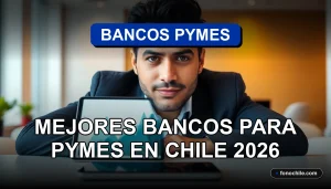 Análisis comparativo de servicios bancarios para pequeñas y medianas empresas en Chile, mostrando gráficos financieros abstractos.