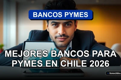 Análisis comparativo de servicios bancarios para pequeñas y medianas empresas en Chile, mostrando gráficos financieros abstractos.