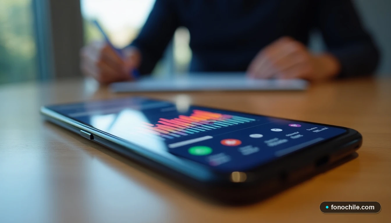 Smartphone moderno mostrando gráficos de datos abstractos y coloridos sobre una mesa de madera.