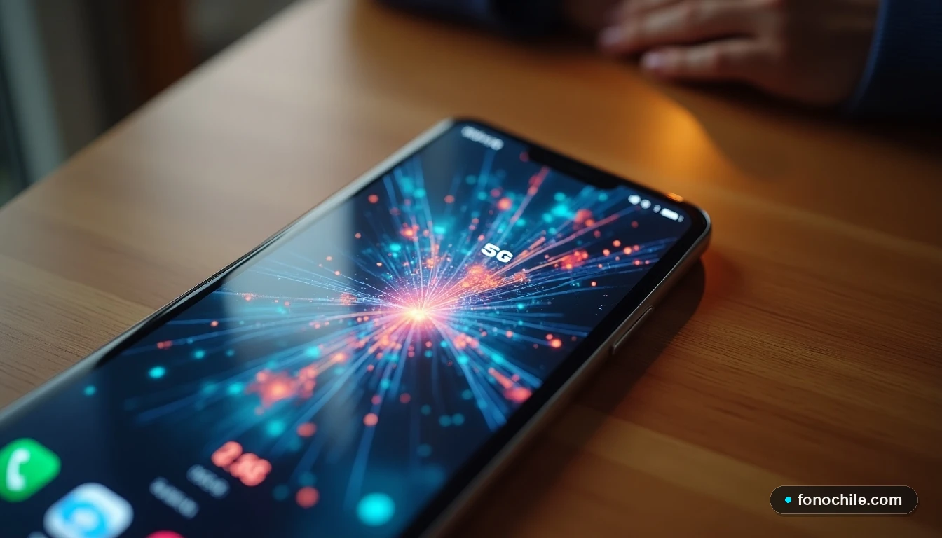 Smartphone 5G mostrando gráficos abstractos de velocidad de red en un escritorio doméstico