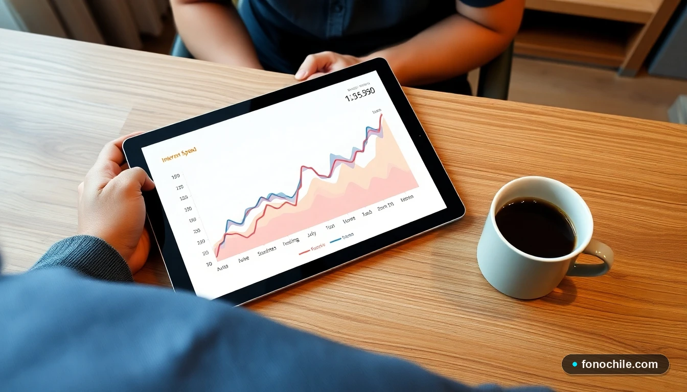 Gráfico abstracto de tendencias de velocidad de internet fijo en una tablet sobre escritorio de madera