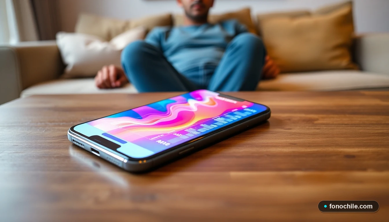 Smartphone mostrando gráficos abstractos de comparativa de cobertura y rendimiento de redes móviles en Chile sobre una mesa de madera.