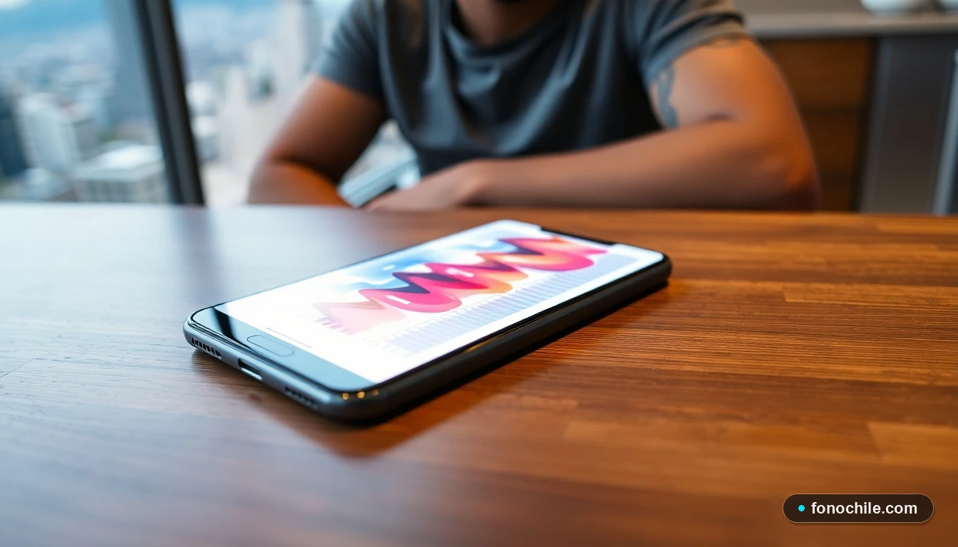 Smartphone mostrando gráficos de datos de cobertura móvil en una mesa, con fondo desenfocado de Santiago, Chile.