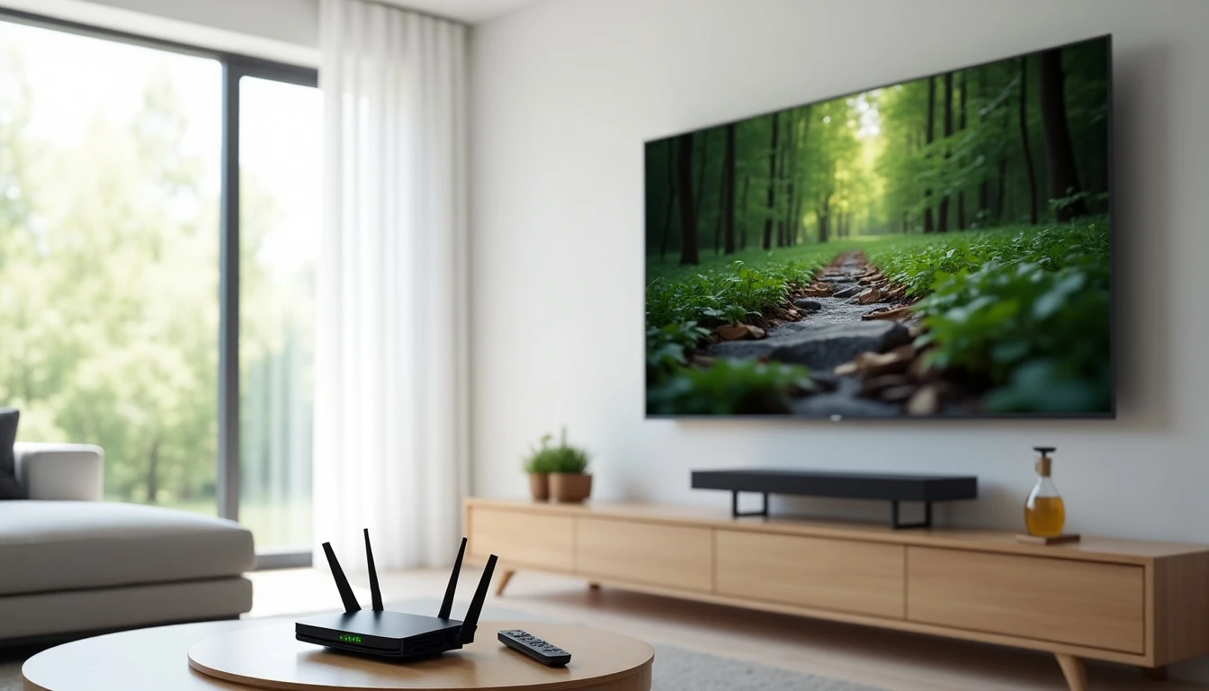 Setup moderno de entretenimiento en el hogar con TV y router para planes combinados de internet y televisión.