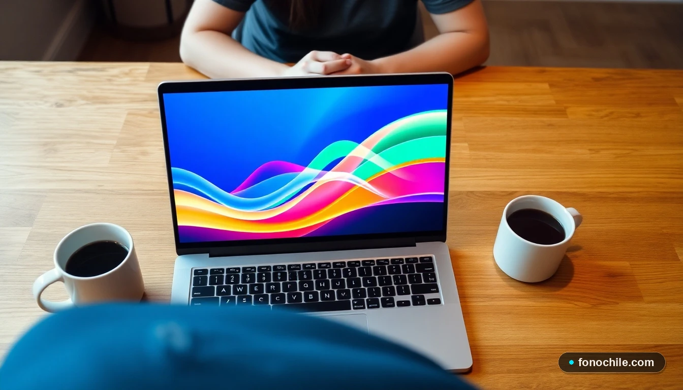 Gráfico abstracto de velocidad de internet en una laptop sobre una mesa de madera, representando conexiones de alta velocidad.