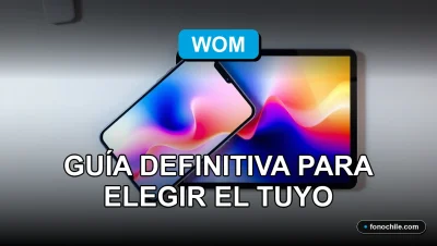 Planes de telefonía móvil WOM 2026 sobre una mesa con gráficos abstractos en pantallas.