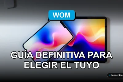 Planes de telefonía móvil WOM 2026 sobre una mesa con gráficos abstractos en pantallas.