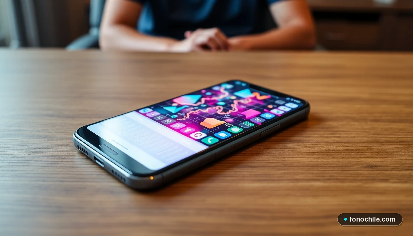 Smartphone mostrando gráficos de análisis de cobertura y velocidad de red en un entorno doméstico.