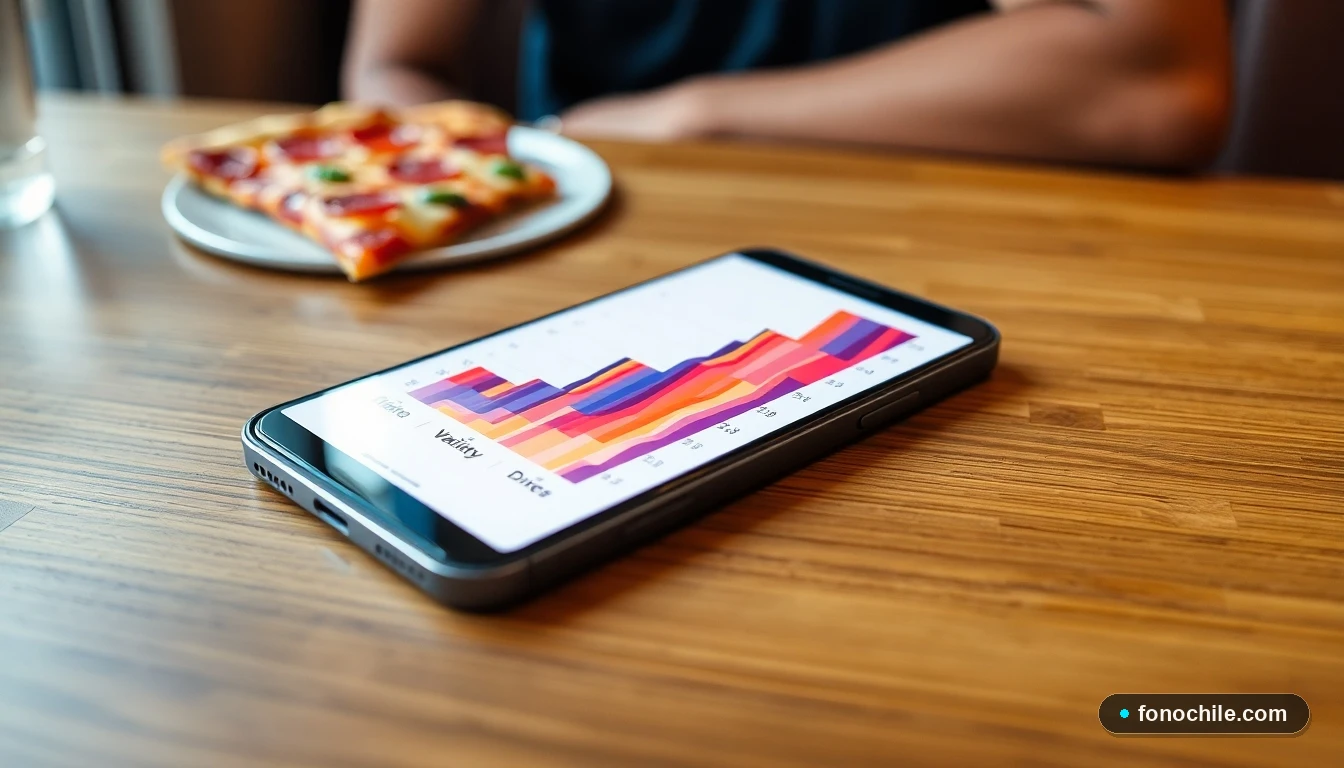 Smartphone mostrando gráficos de análisis de menú de pizzas junto a una rebanada de pizza, concepto digital de comida rápida.