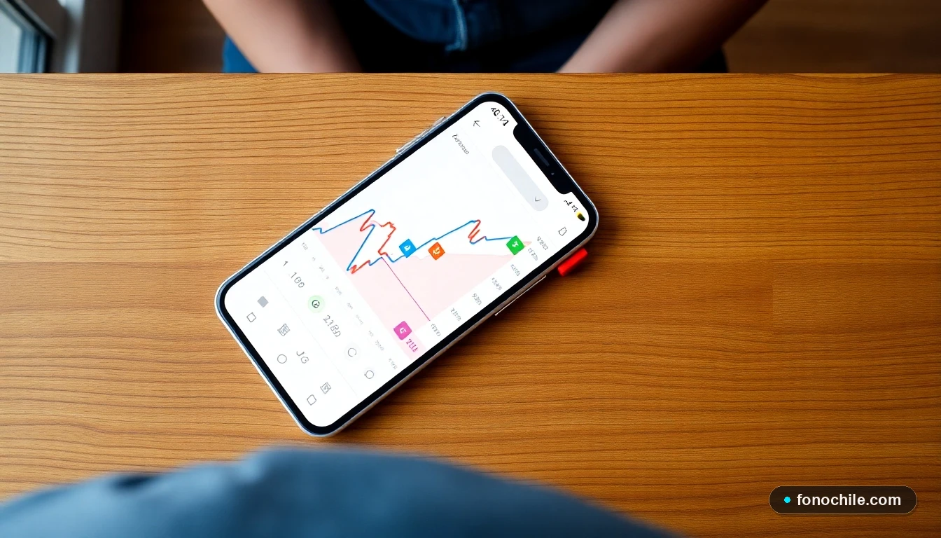 Smartphone mostrando gráficos abstractos de colores en la aplicación de pagos de WOM en Chile.