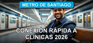 Un hombre hispano sonríe mientras mira su teléfono inteligente en una estación de metro moderna y brillante.