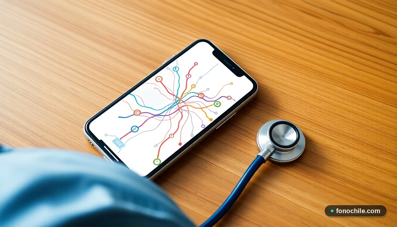Smartphone mostrando un mapa de conexiones del Metro de Santiago con iconos de servicios médicos en Chile.