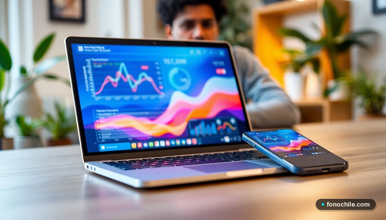 Pantalla de computador portátil mostrando gráficos de datos abstractos de gestión de servicios de telecomunicaciones en el hogar.