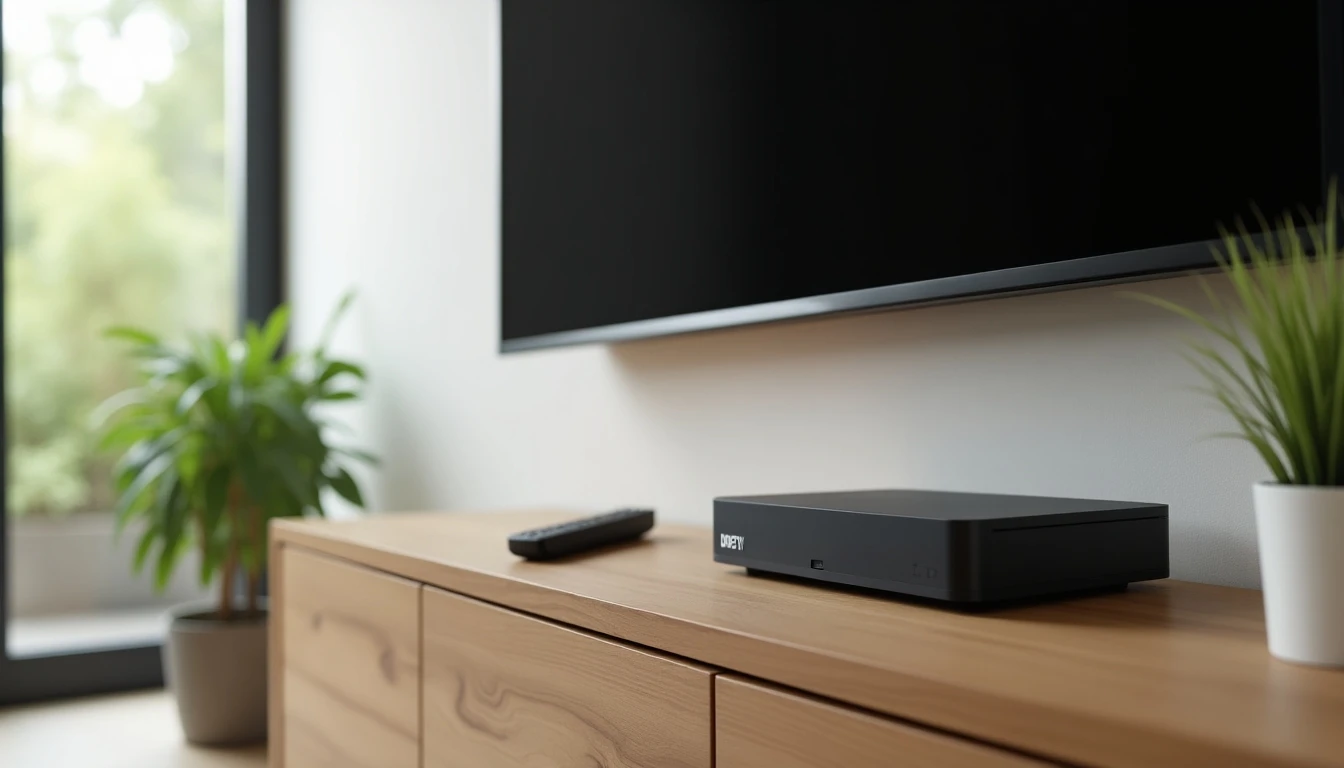 Configuración moderna de entretenimiento en el hogar con televisor y decodificador DIRECTV en una sala de estar.