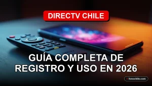 Moderno control remoto de DIRECTV Chile y un smartphone mostrando gráficos abstractos, sobre una mesa de madera clara.