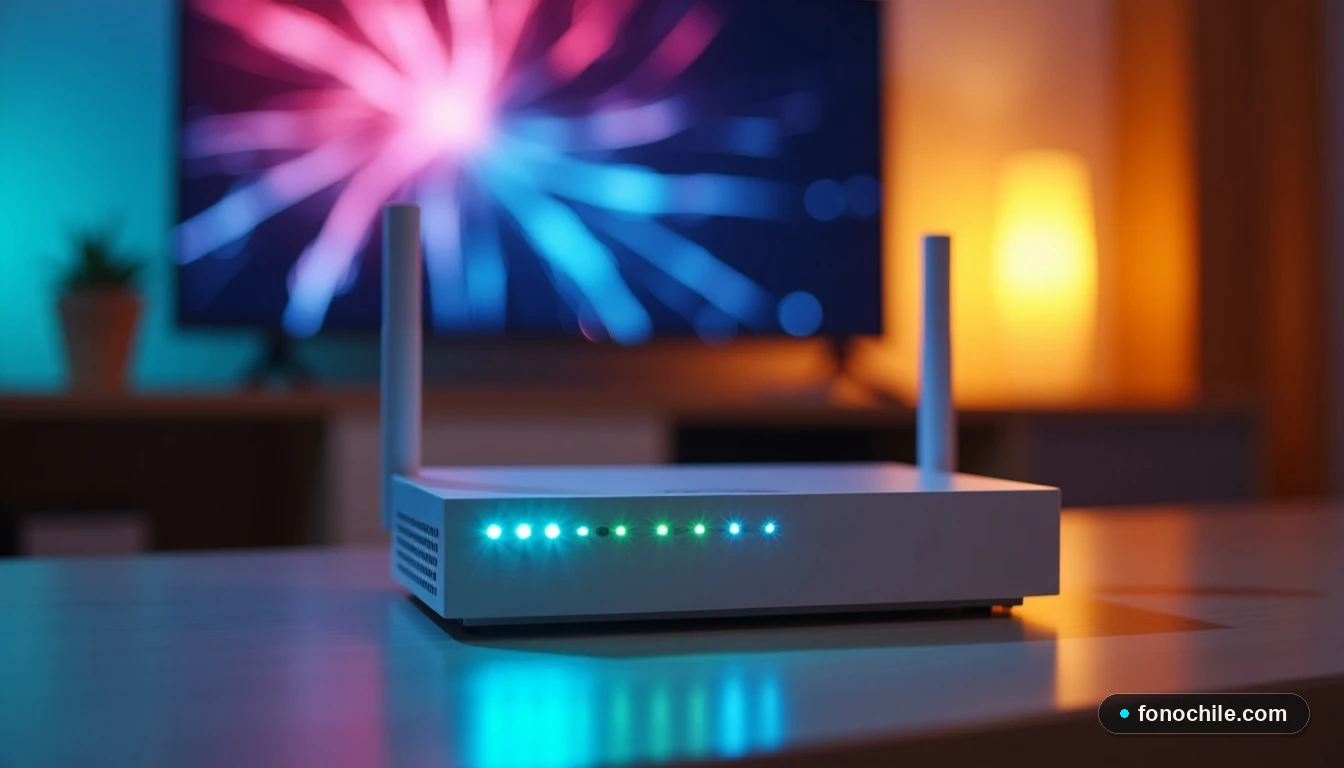 Router moderno con luces LED encendidas y la silueta de un televisor, representando la conectividad del servicio DIRECTV Chile en el hogar.