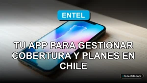 Aplicación Mi Entel en un teléfono inteligente mostrando gráficos de cobertura sobre un mapa de Chile.