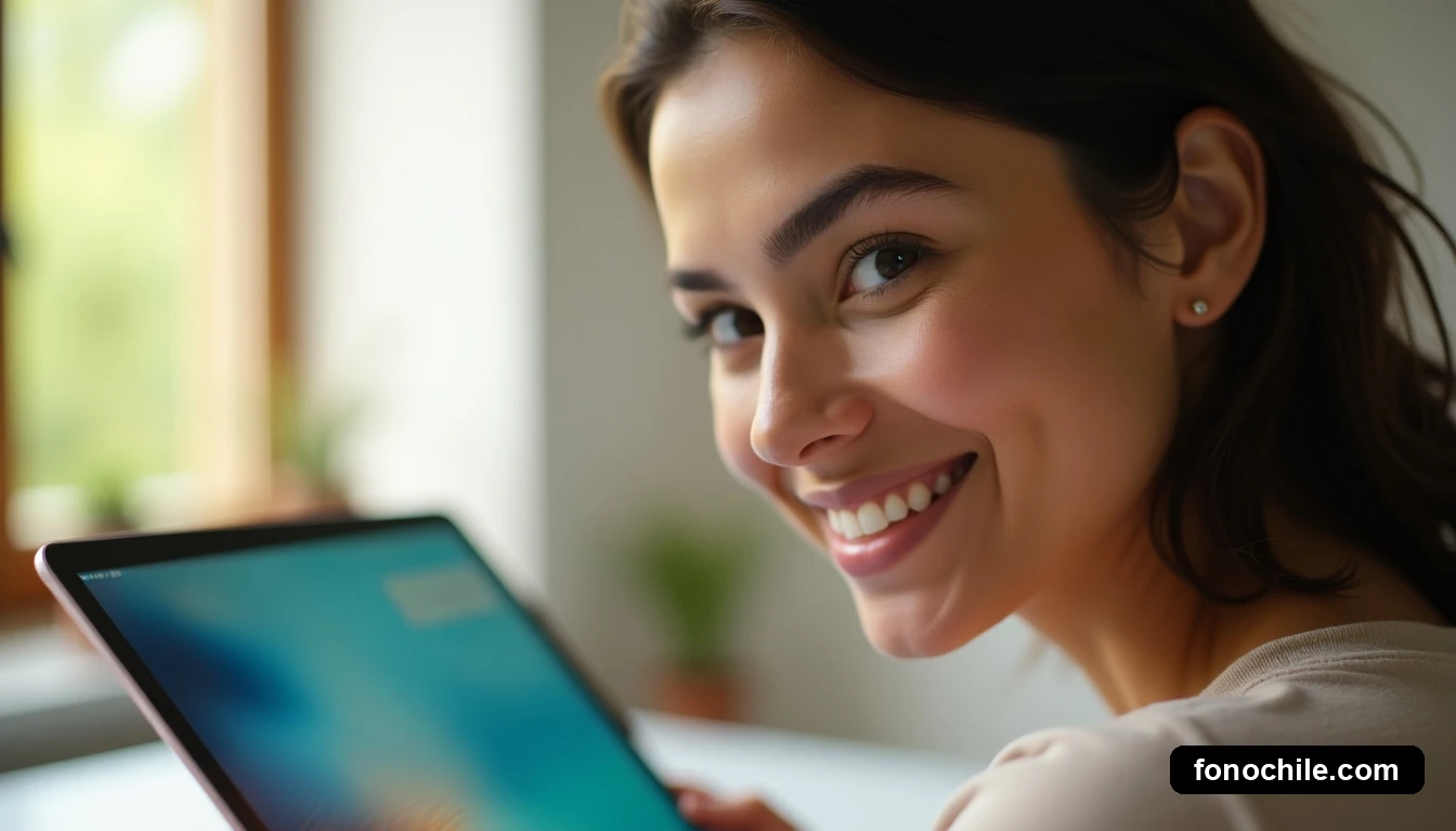 Mujer satisfecha usando el portal Mi Mundo desde su hogar