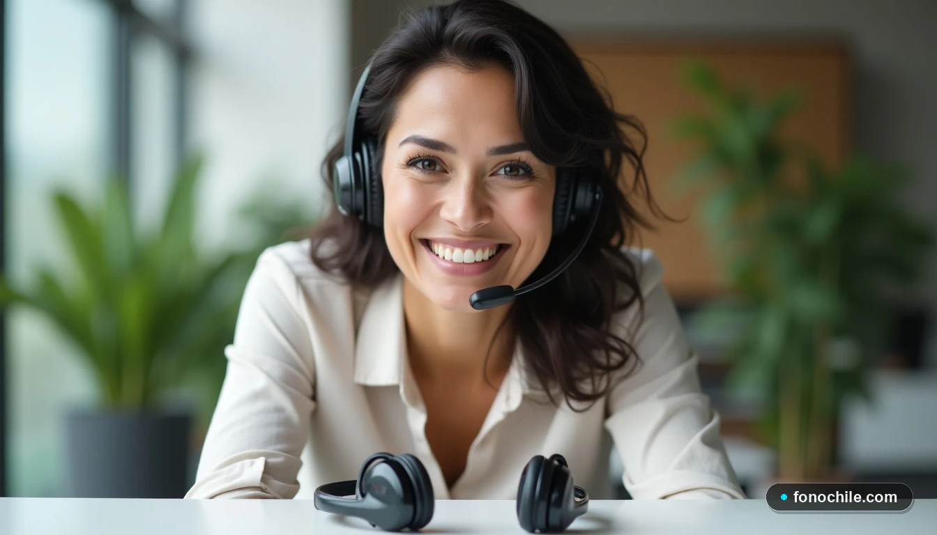 Asesora de Telsur sonriendo con auriculares en una oficina contemporánea
