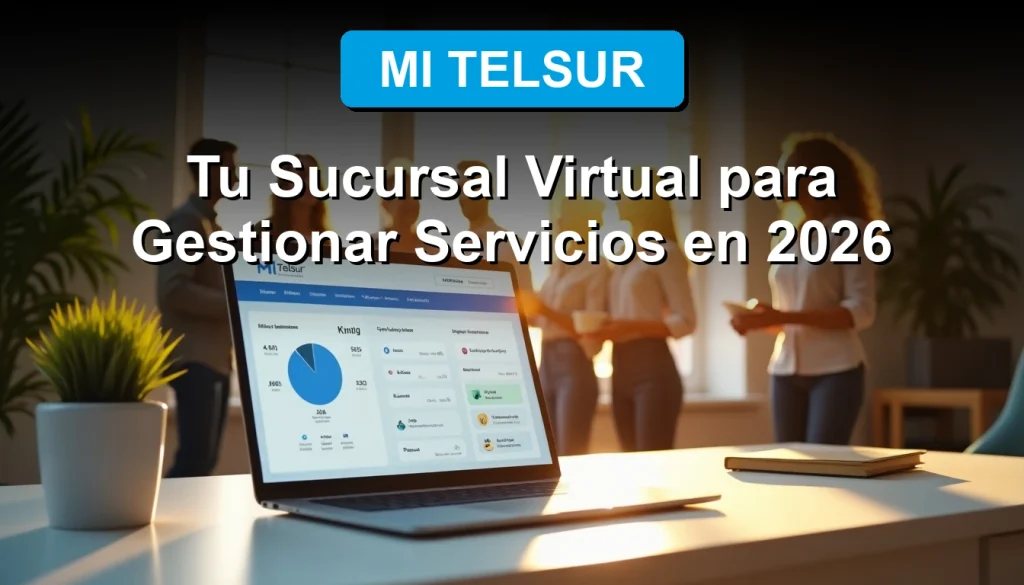 A woman smiles confidently in a modern, sunlit home office, with a sleek laptop displaying the Mi Telsur virtual services dashboard.