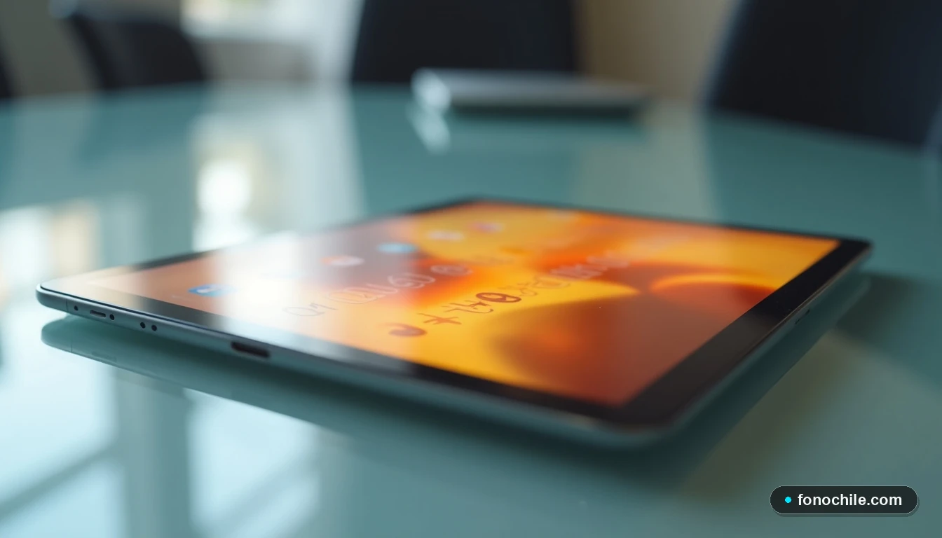 Tableta y smartphone en una mesa de cristal, mostrando interfaces de usuario genéricas y gráficos abstractos en tonos cálidos.