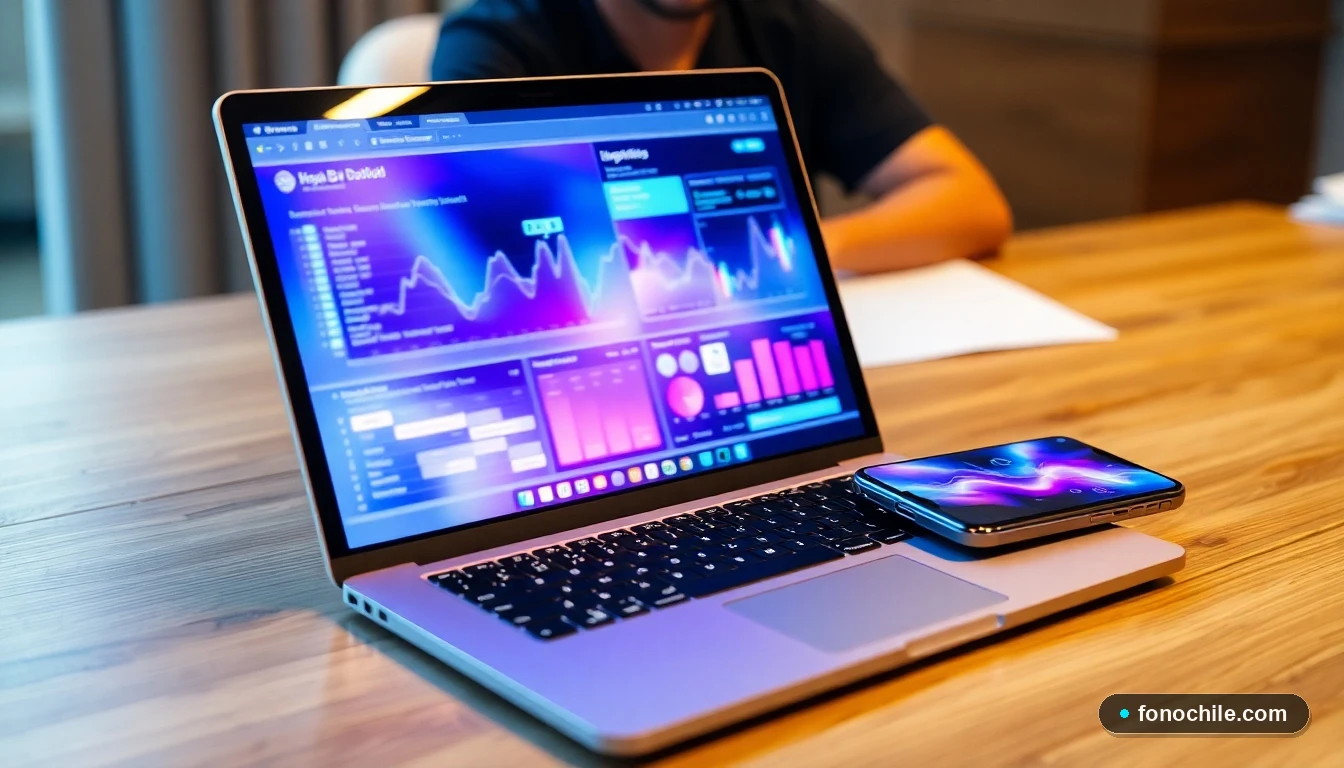 Dispositivos tecnológicos mostrando una interfaz abstracta de colores para representar el acceso a una plataforma de servicios en línea.