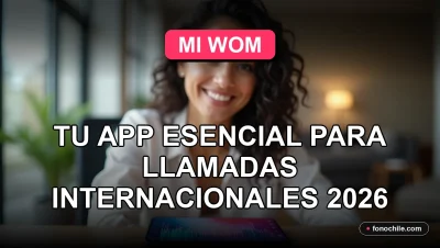 Una mujer latina sonríe mientras usa la aplicación Mi WOM en su teléfono inteligente para realizar llamadas internacionales.