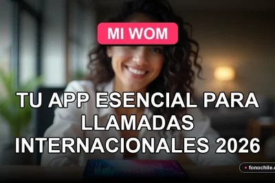 Una mujer latina sonríe mientras usa la aplicación Mi WOM en su teléfono inteligente para realizar llamadas internacionales.