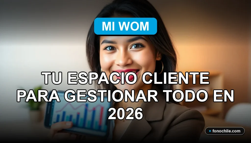 Una mujer latina sonriente, representando el servicio al cliente de Mi Wom, con un teléfono inteligente mostrando gráficos abstractos en el fondo.