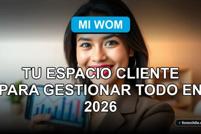 Una mujer latina sonriente, representando el servicio al cliente de Mi Wom, con un teléfono inteligente mostrando gráficos abstractos en el fondo.
