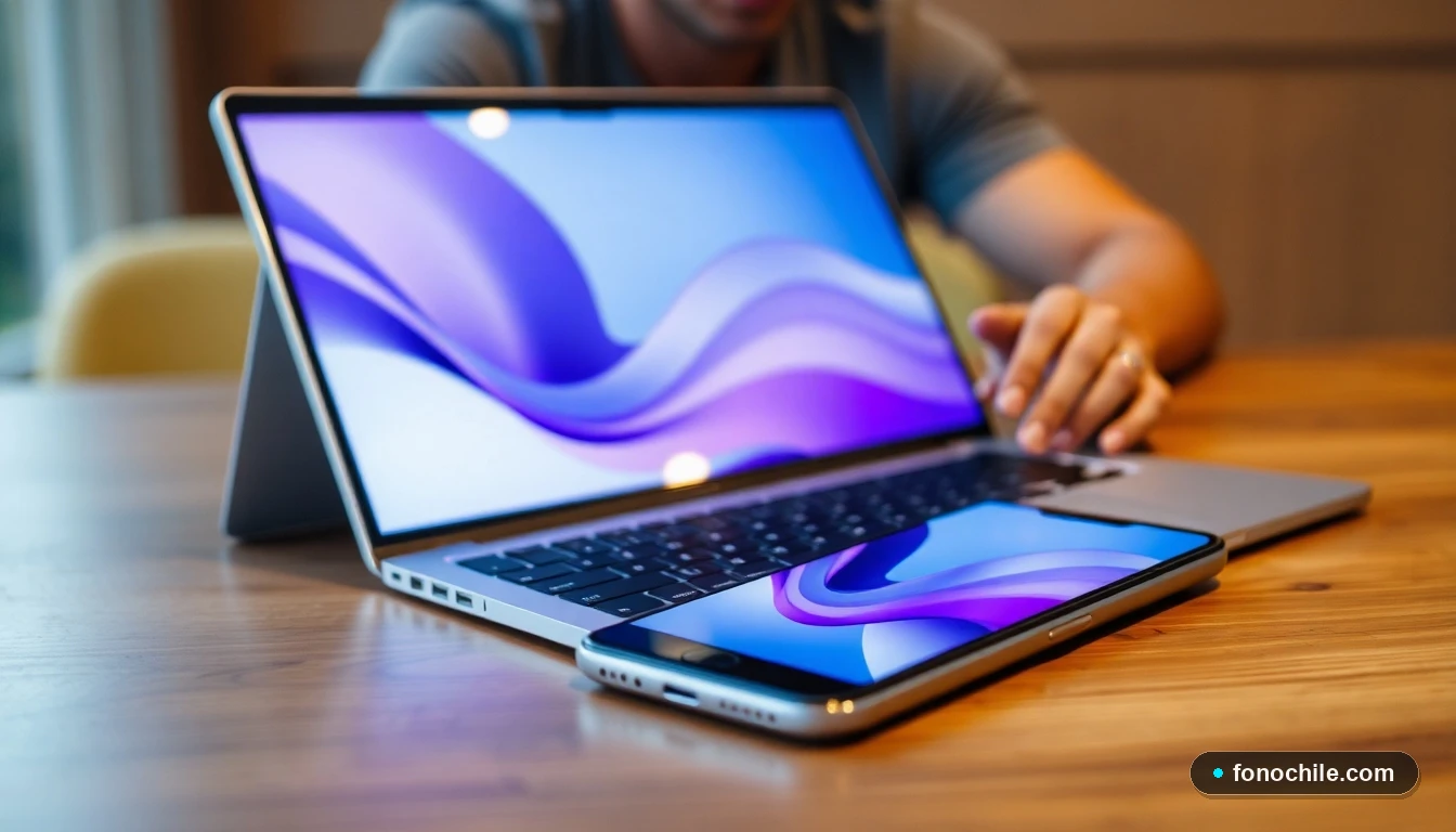 Interfaz abstracta de la aplicación Mi Wom mostrada en un smartphone y laptop sobre una mesa de madera.