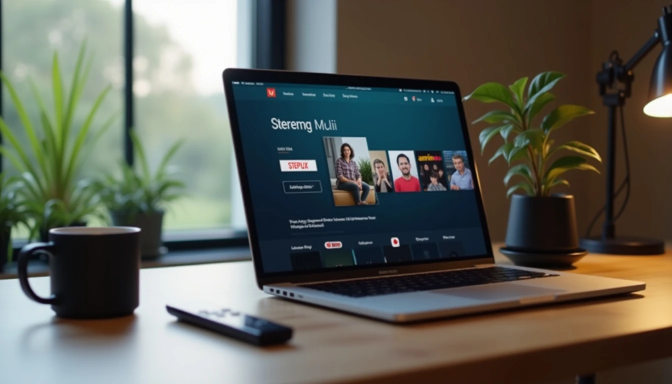 Laptop mostrando la interfaz de MiDIRECTV en un escritorio ordenado, con control remoto y accesorios.