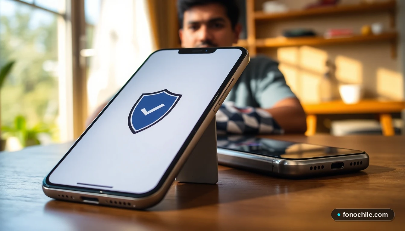 Dos smartphones en una mesa durante un proceso de transferencia de archivos segura, con símbolos de protección en pantalla.