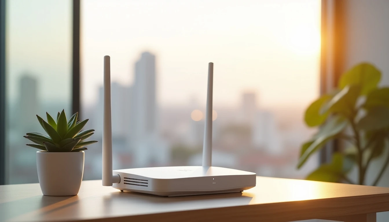 Router Wi-Fi moderno de Miinternet en un escritorio, representando internet prepago de alta velocidad en Chile.