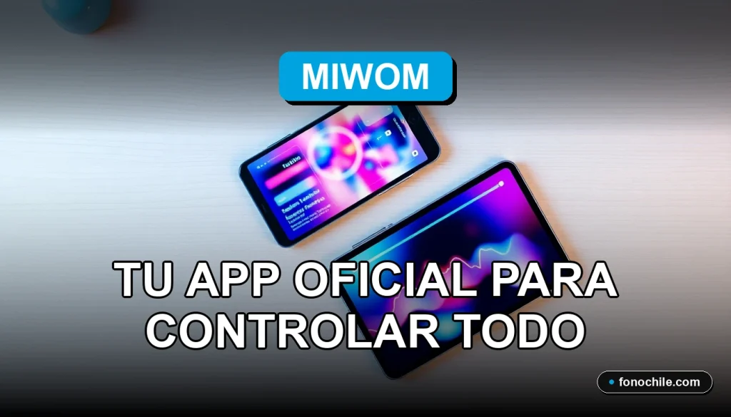 Aplicación MiWOM Gestión 2026 mostrando gráficos abstractos en un teléfono inteligente moderno sobre un escritorio de oficina minimalista.