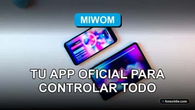 Aplicación MiWOM Gestión 2026 mostrando gráficos abstractos en un teléfono inteligente moderno sobre un escritorio de oficina minimalista.