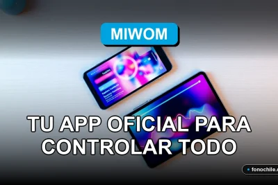 Aplicación MiWOM Gestión 2026 mostrando gráficos abstractos en un teléfono inteligente moderno sobre un escritorio de oficina minimalista.