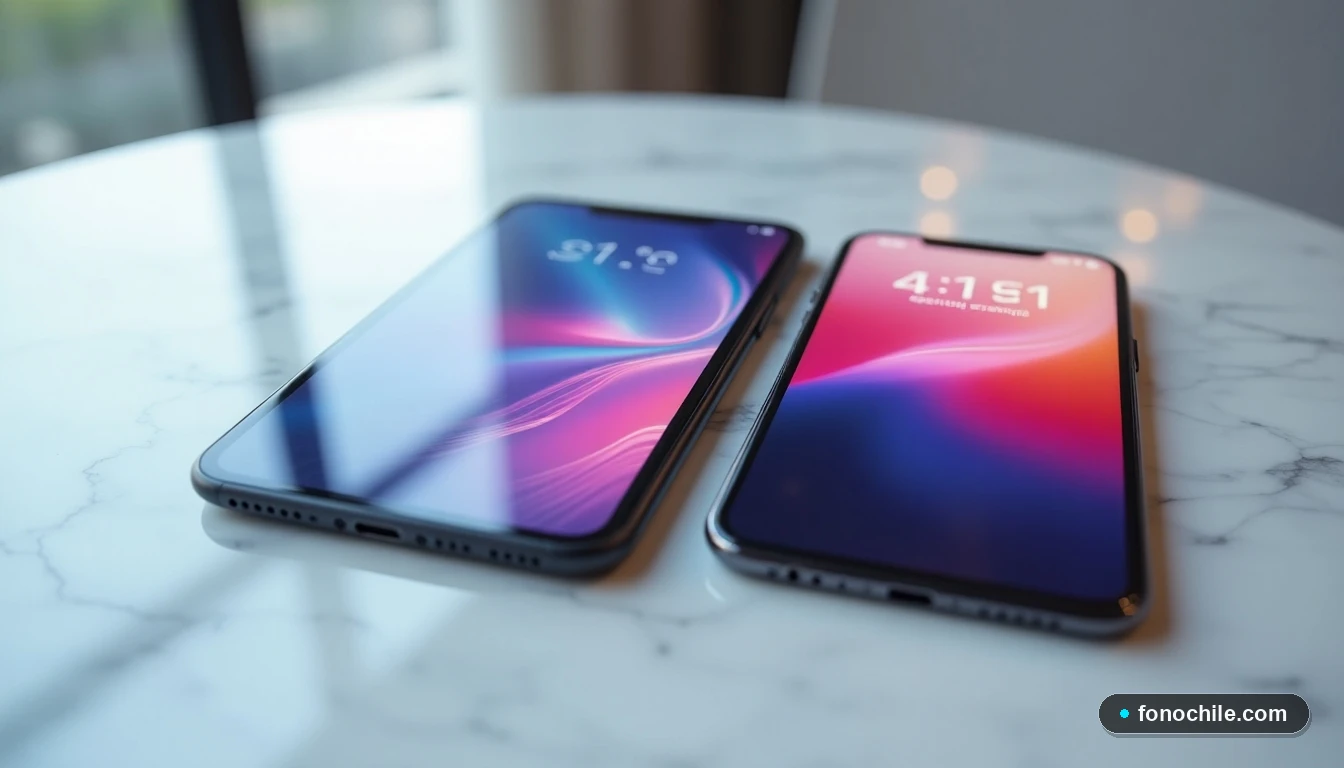 Dispositivos móviles mostrando gráficos abstractos de gestión de cuenta MiWOM desde una vista aérea.