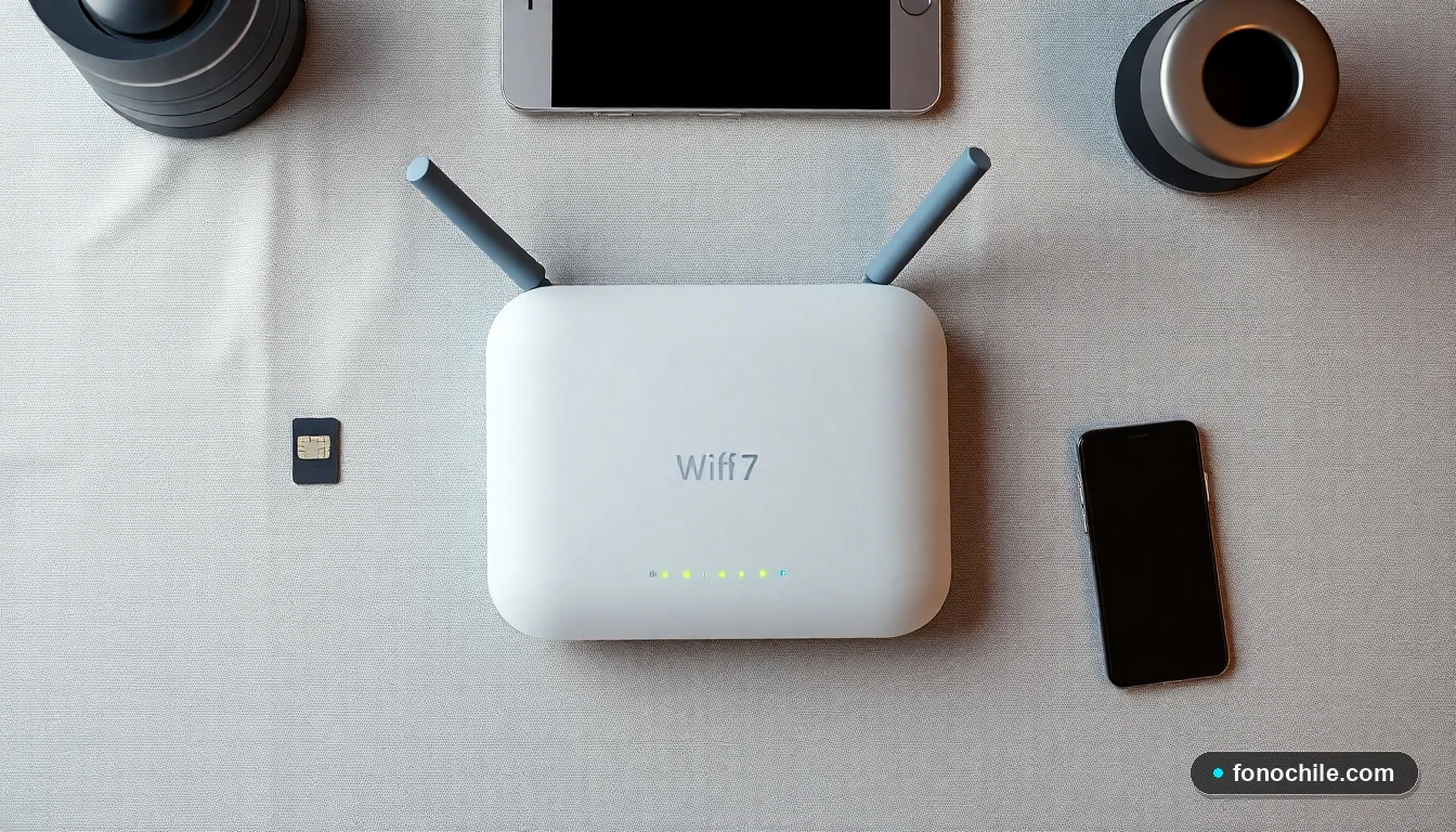 Componentes tecnológicos del servicio Movistar One: router, tarjeta SIM y conector de fibra óptica en disposición plana.