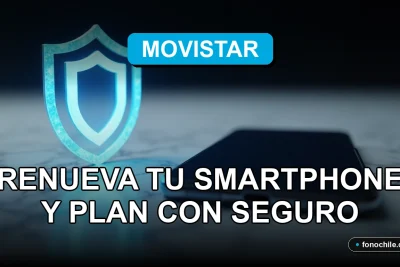 Un moderno smartphone Movistar One 2026 sobre una mesa de diseño, junto a un seguro representado por un icono de escudo.