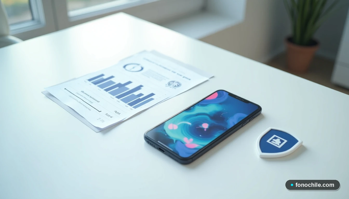 Vista superior del smartphone Movistar One 2026 mostrando gráficos abstractos, junto a elementos que simbolizan la contratación sencilla de un seguro.